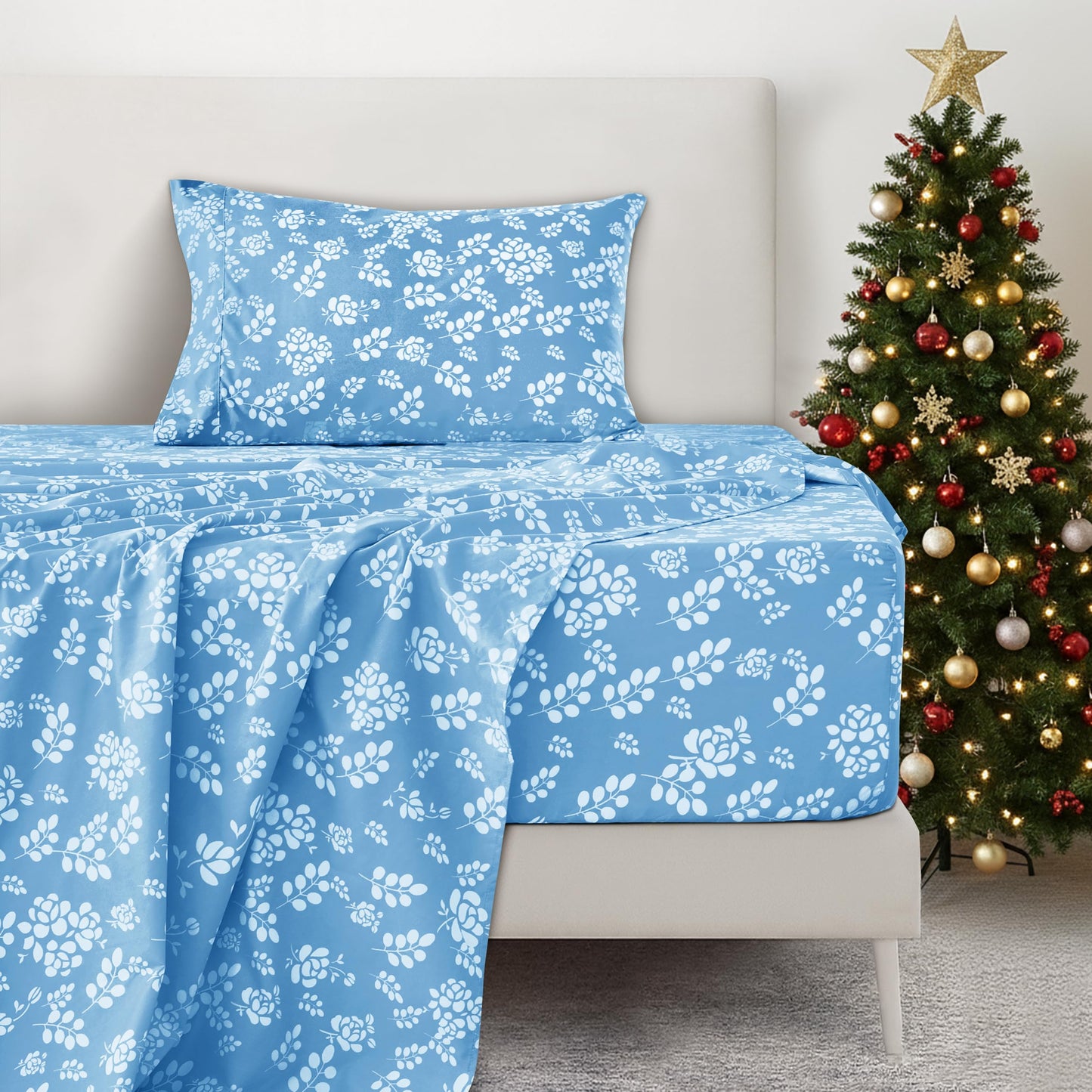 LUX Décor Floral Twin Sheet Set - 3 Piece Ultra-Soft Microfiber Bed Sheets with Flat Sheet, 16 Inches Deep Pocket Fitted Sheet & Pillowcases, Breathable, Bedroom Decor, Oeko-TEX - Blue