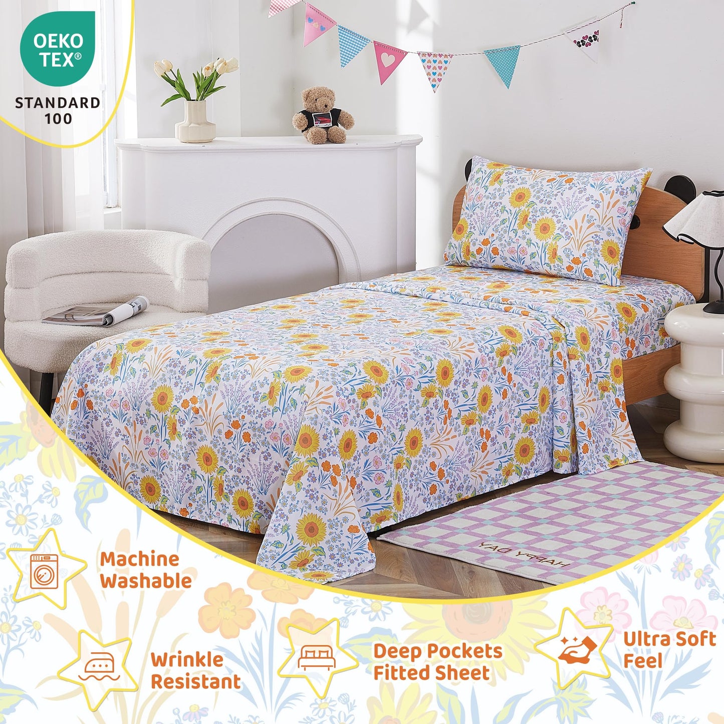 Viviland 3 Pieces Girls Floral Spring Twin Sheet Set - Soft Microfiber Fitted Flat Sheets & Pillowcase Bed Sheet Set - Summer Sunflower Print Bedding Sets for Kids