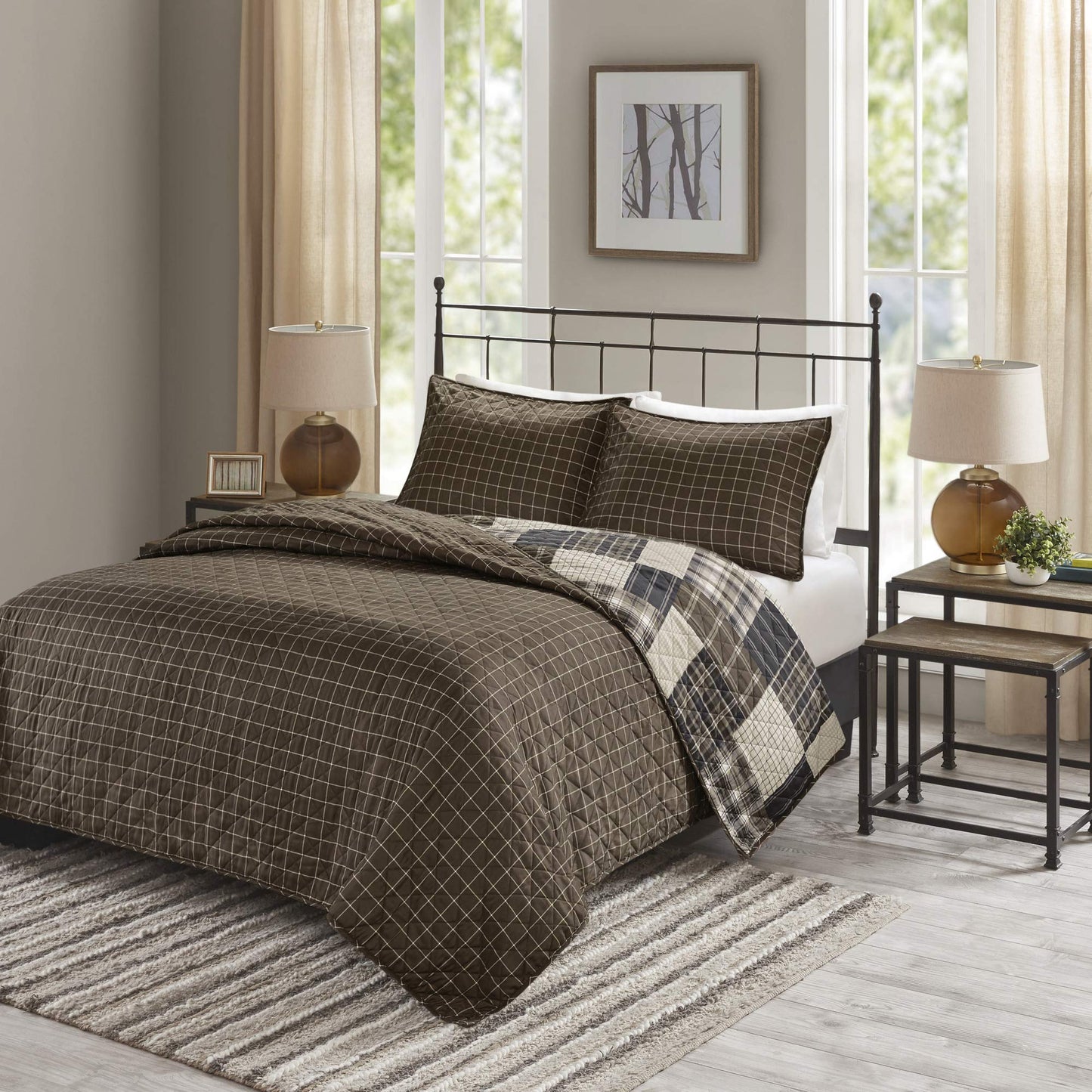 Madison Park Reversible Quilt Cabin Lifestyle Plaid Design - All Season, Breathable Coverlet Bedspread Bedding Set, Matching Shams, Timber Black/Brown Full/Queen(90"x90") 3 Piece