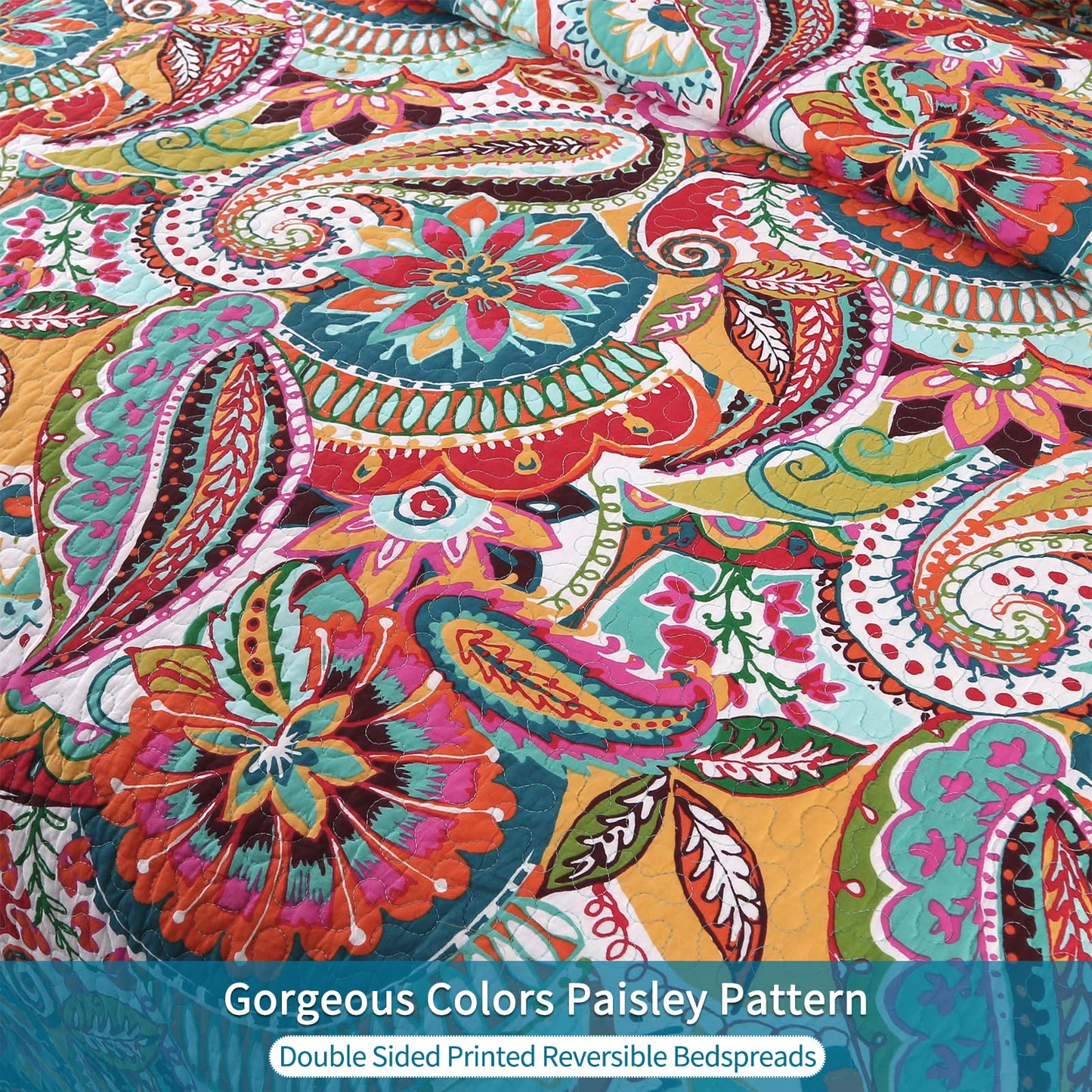 Qucover Cotton Quilt Set, Queen Size, Multicolor Paisley, Boho Style, Soft Lightweight Coverlet with 2 Pillow Shams, 90x98 Inches
