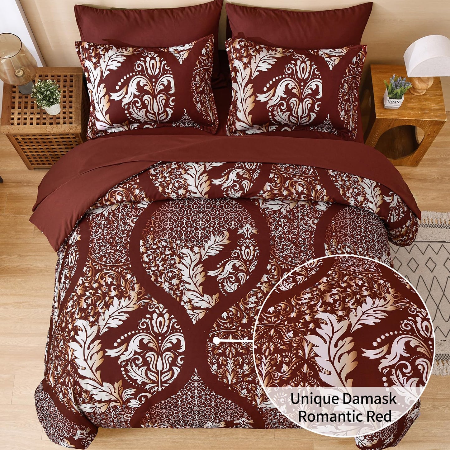Anibedding Burgundy Comforter Set King Size, 7 Pieces Bed in a Bag Bohemian Damask Comforter Set, Soft Lightweight Microfiber Bedding Set for All Season (104"x90")