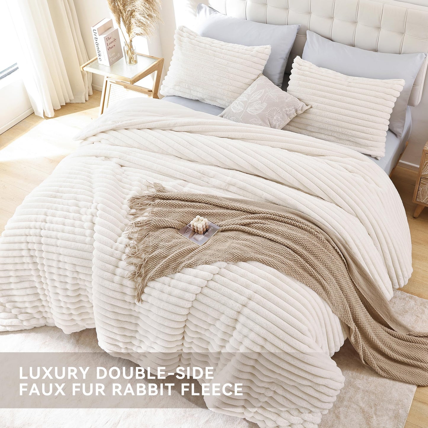 Smoofy Fluffy King Size Comforter Set 3 Pieces - Cream White Fleece Fluffy Comforter Set, Luxury Fuzzy King Bedding Set, Soft King Bed Set All Season, Heavy Faux Fur Comforter with 2 Pillow Cases