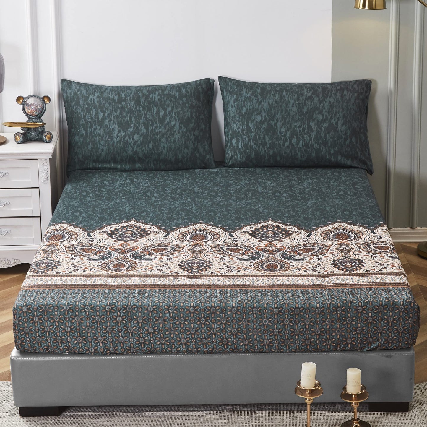 Tache Fitted Sheet Full Size Royal Rustic Paisley Mandala Lattice Floral Elegant Deep Dark Navy Teal Fitted Bed Sheet Only, Full