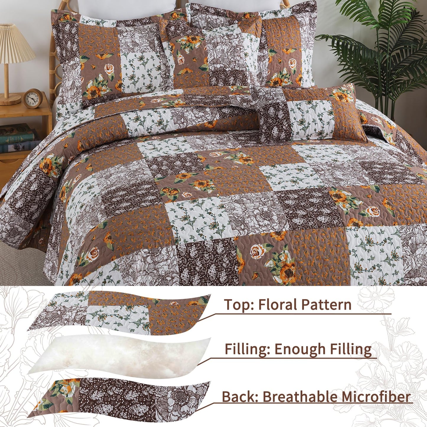VAPUTAR Quilts Queen Size, Quilt Bedding Set with Floral Pattern, Soft and Breathable Coverlet Set, Lightweight Reversible Bedspread Suitable for All Season (90X98 inch, Brown)
