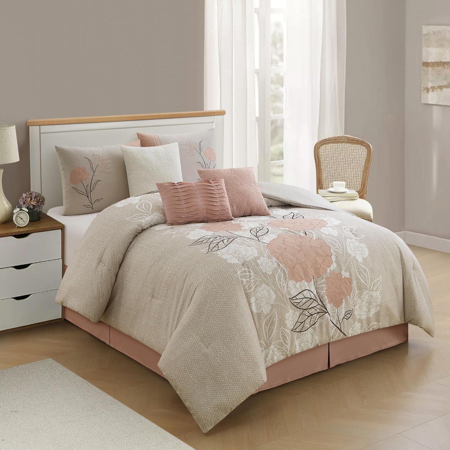 Stratford Park Wonderful 7 Piece Comforter Set, Queen Size, Blush, Modern Design, Matching Bedskirt, Pillows & Shams