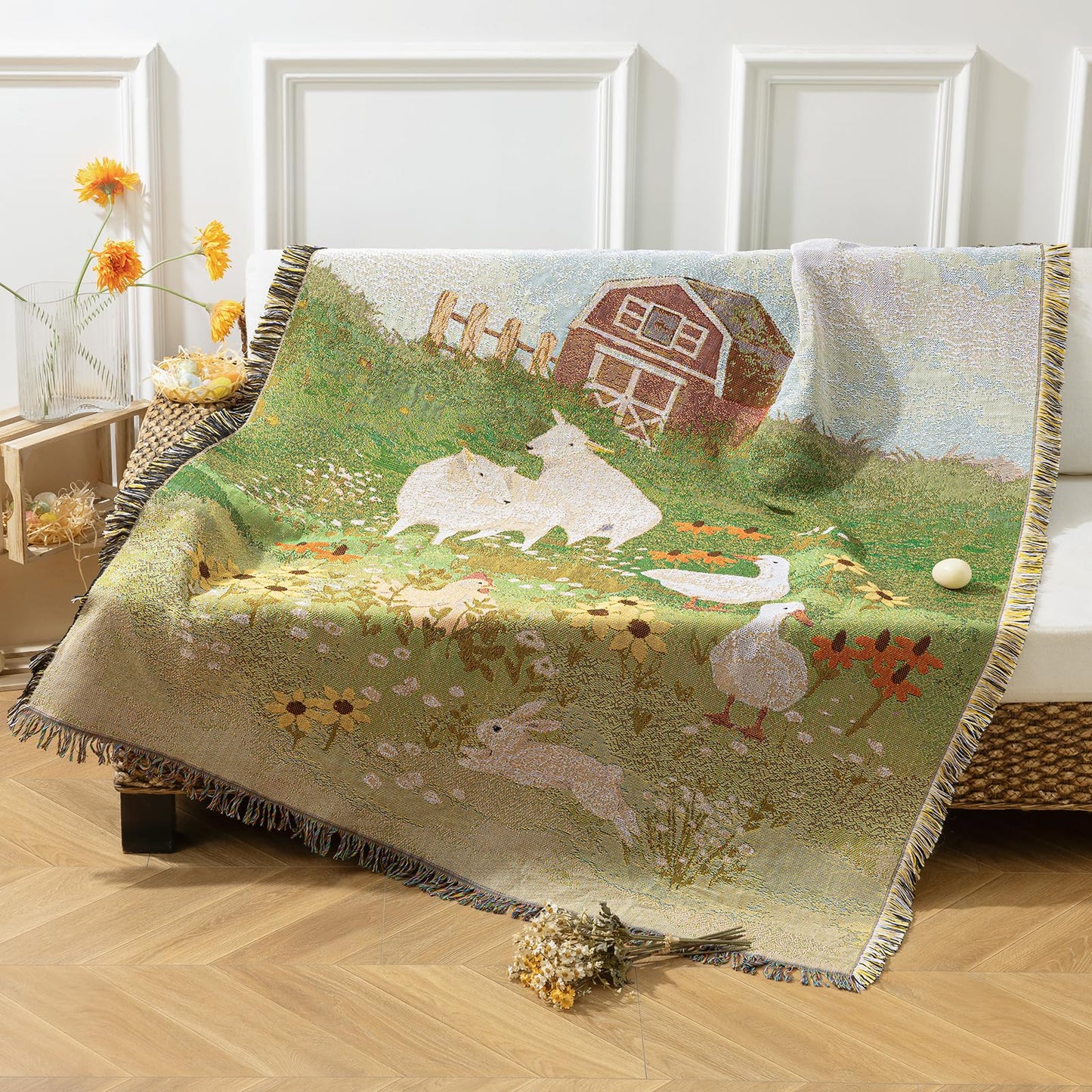 Phantoscope Spring Summer Throw Blanket, Jacquard Knitted Decorative Blanket with Tassels, 50"x60" Farmhouse Tapestry, for Mom, Couch Living Room Bedroom, Green