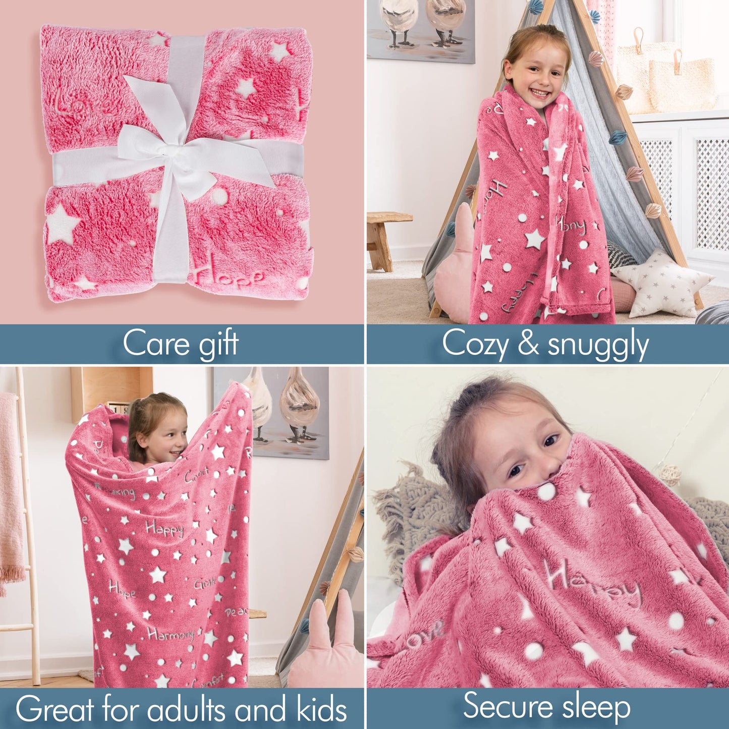 Glow in the Dark Throw Blanket, Super Soft Fuzzy Plush Fleece, Decorated with Stars and Words of Encouragement, Birthday Gift for Girls Kids Women Teens Grandkids Toddlers, Pink, 50" x 60"