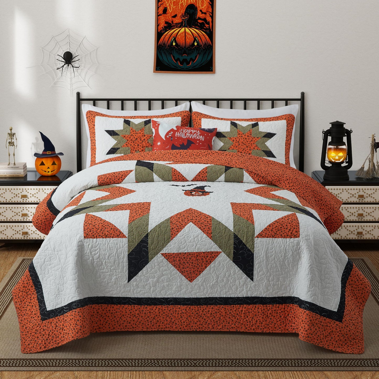 NELIFDER Halloween Quilt Queen Size Bedding Set 100% Cotton Embroidery Bats Pumpkin Festival Pattern Bedspread Real Patchwork Star 3 Peice Coverlet with 2 Pillow Shams 90"x90"