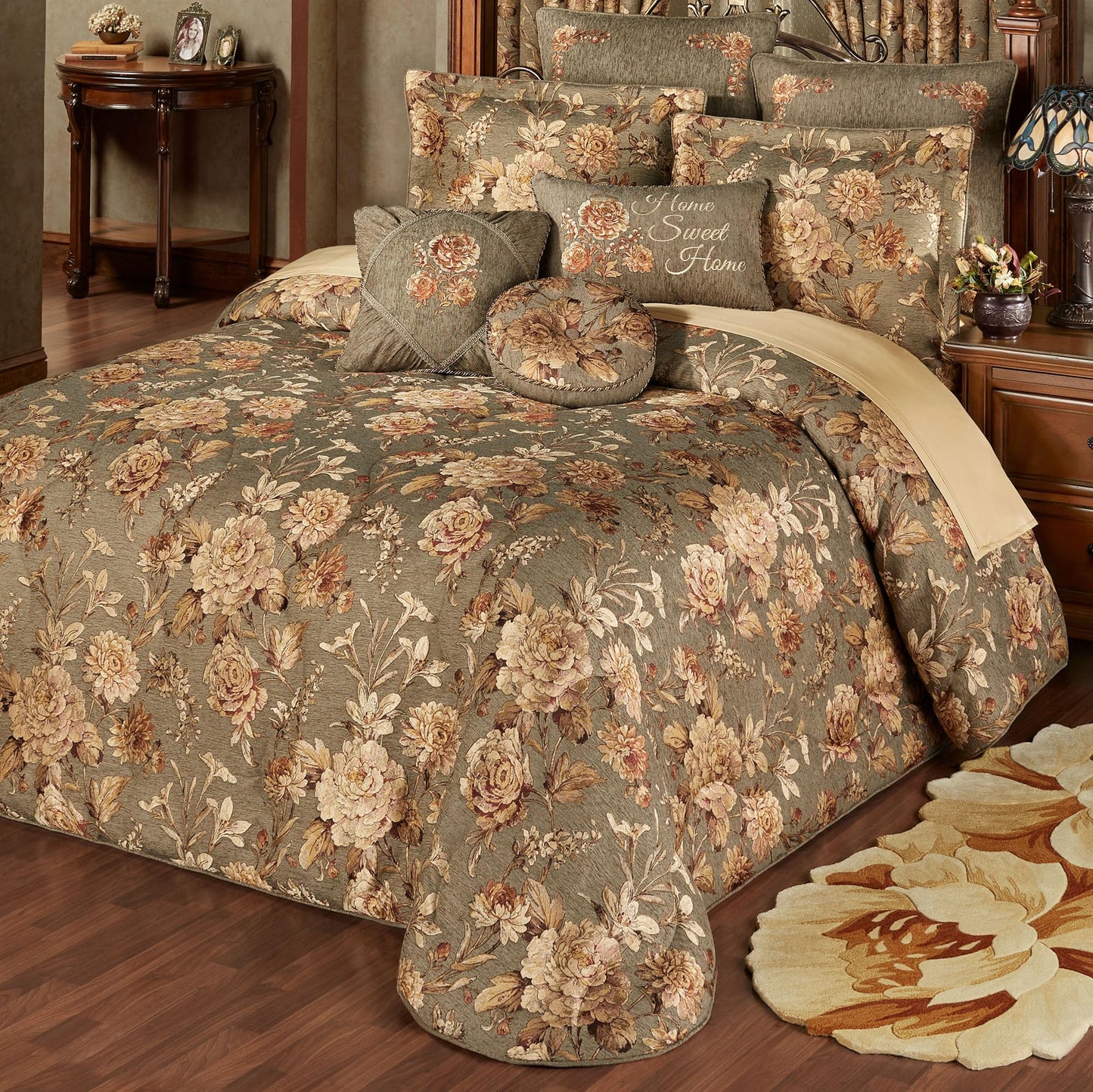 Rhapsody Floral Luxury Bedding | 6 Piece Oversized Bedspread Set: King Bedspread, 2 King Shams, Round Pillow, 18" Square Pillow, Rectangle Pillow | Sophisticated | Flower | Woven | Traditional