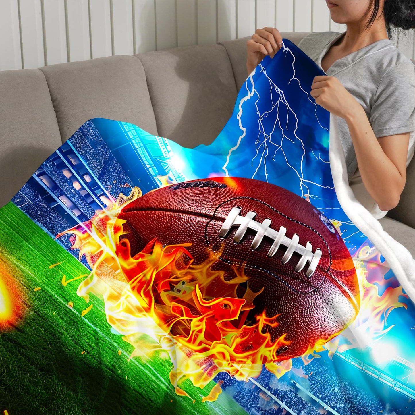 Football Blanket for Kids Adults, Super Soft Funny Cool Fire Blue Field Football Sport Throw Blanket Gifts for Kids Boys Girls Men Women, Warm Cozy Fuzzy Plush Fleece Flannel Blankets 50"x40"