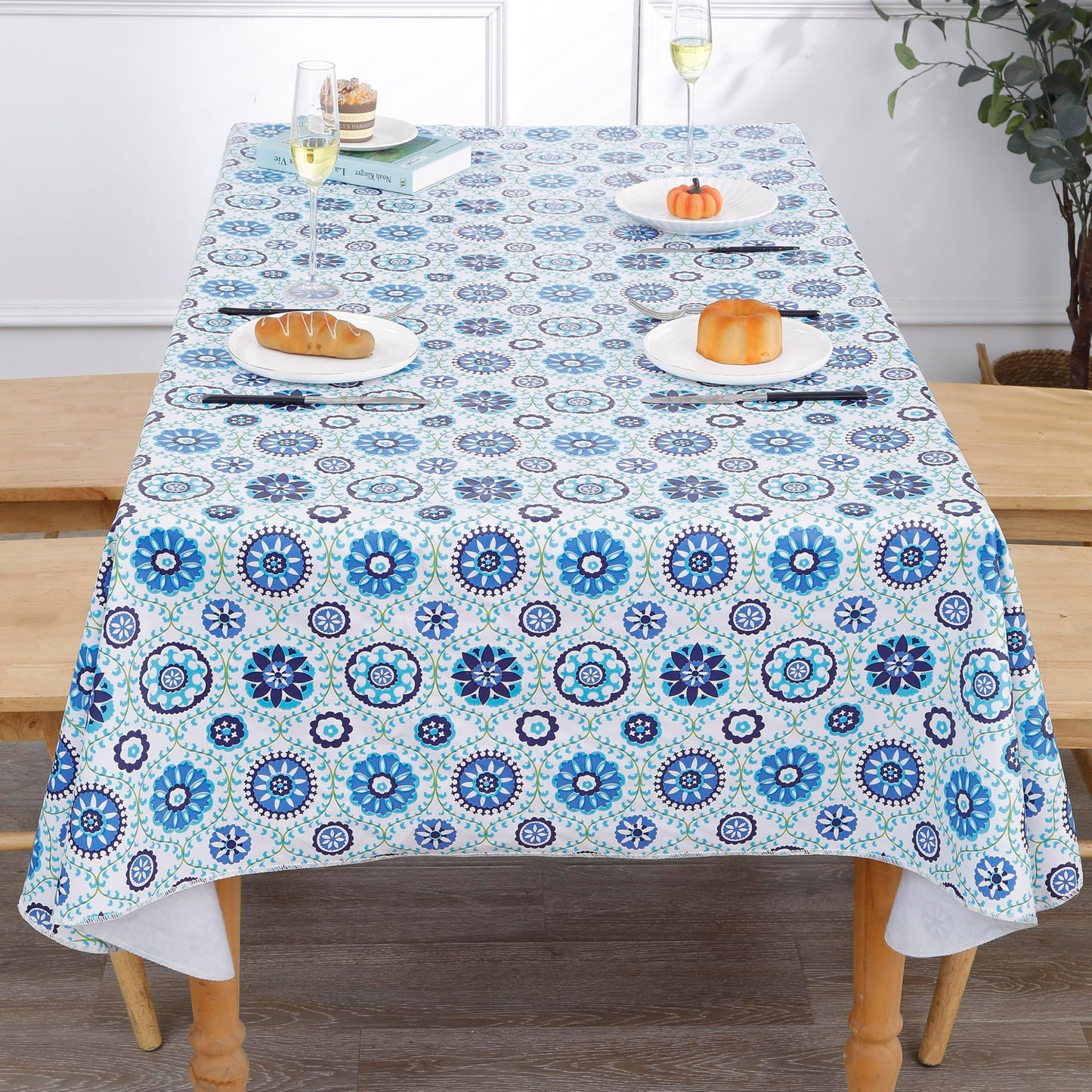 Heavy Duty Vinyl Tablecloth with Flannel Backing Waterproof Oil-Proof Plastic Table Cloth Stain-Resistant Wipeable Rectangle or Square Table Cover for Indoor and Outdoor (Floral Vine,54x54 Inch)