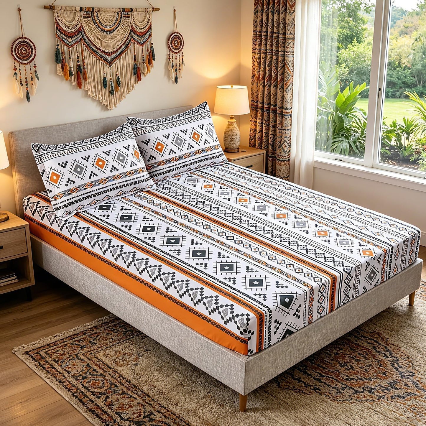 MAG 3 Pieces Colorful Boho Bed Sheet Full Size,Burnt Orange Fitted Sheets Full Printed,with 1 Fitted Sheet with 2 Pillowcases,14 Inches Deep