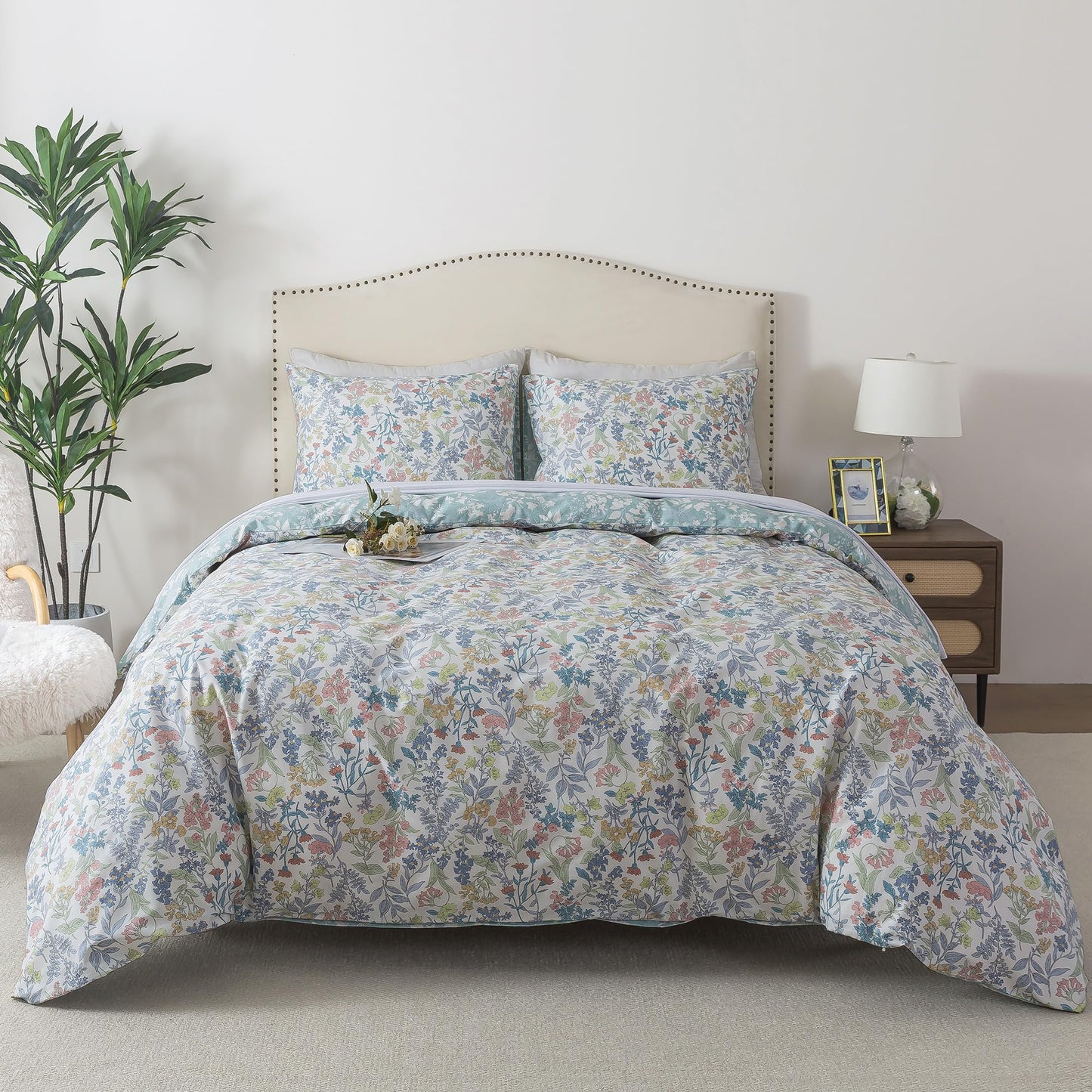 HoneiLife Cotton King Duvet Cover - Floral Comforter Cover 3-Piece, Botanical Bedlinen Set with Zipper Closure & Corner Ties, Wildflower Comforter Cover Sets All Season Use