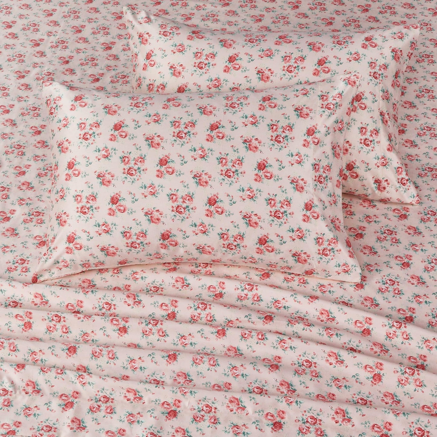 Modern Threads Satin Sheets, 6-Piece Luxury Silky Soft Bed Sheet Set with Deep Pocket Fitted Sheet, 4 Pillowcases, Wrinkle Resistant, Sheet Organizer and Storage, Pink Roses, Queen