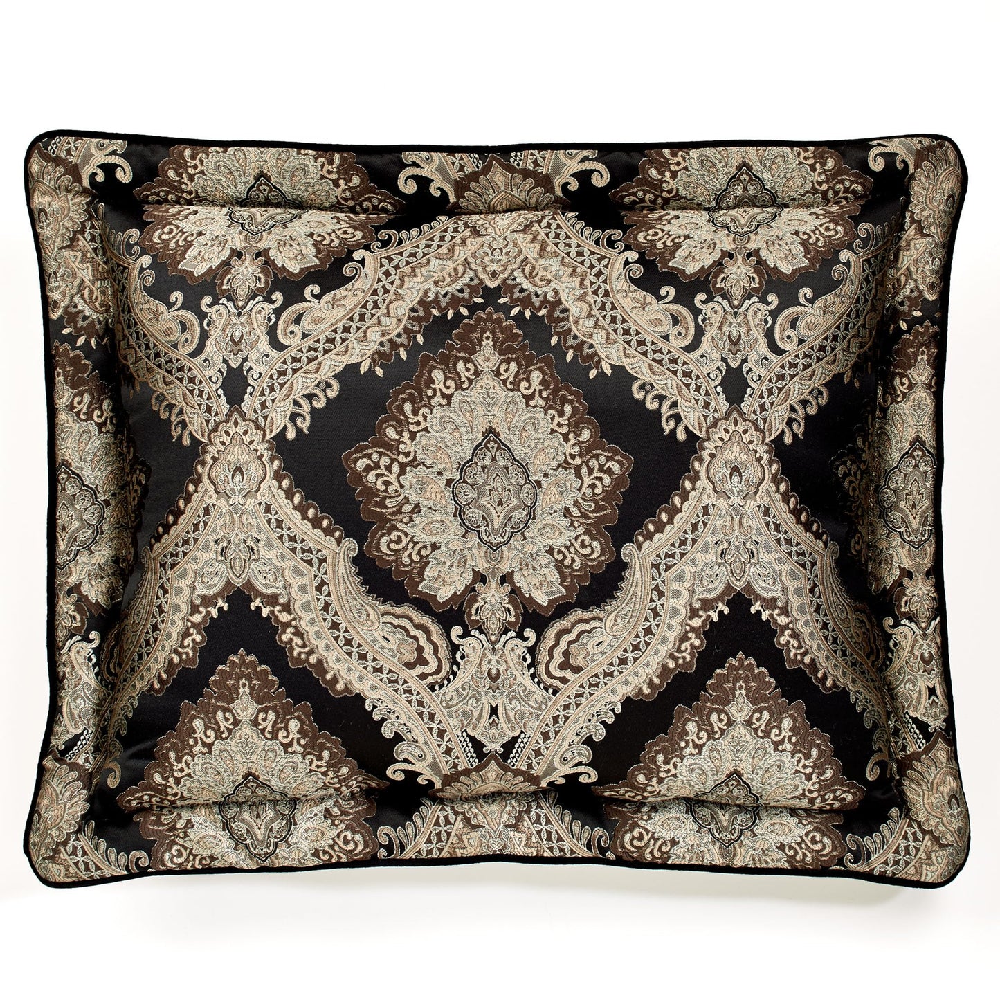 Fenmore Damask Medallion Oversized Luxury Bedding | Rich Black Taupe Silver Gray Wheat Almond | 4 Piece Comforter Set: Queen Comforter, 2 Standard Shams, and Bedskirt | Sophisticated Elegant Royal