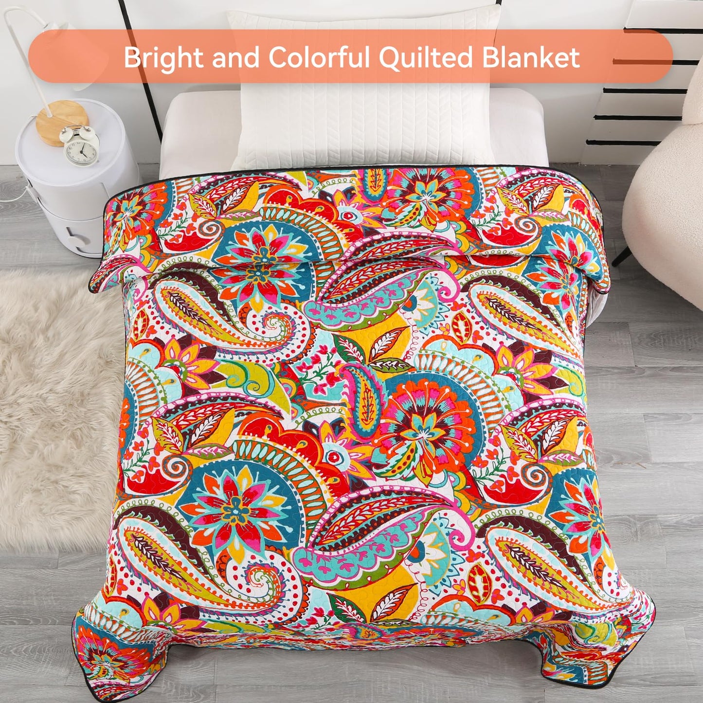 Qucover Cotton Quilted Throw Blanket, Soft Boho Quilt 59"x79", Bright Colorful Red, Orange, Pink and Blue Reversible Paisley Lightweight Quilts for Couch Sofa Beds