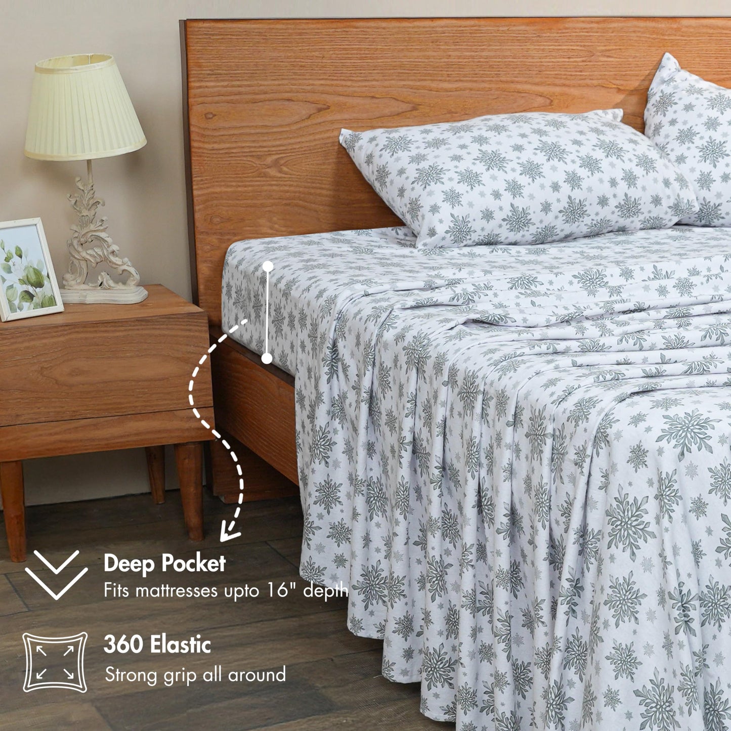 RUVANTI Flannel Sheets Queen Size - GOTS Certified 100% Organic Cotton, 4 Piece Warm, Soft & Breathable Set, Deep Pocket Snug Fit, Double Brushed Cozy All Season Bedding, Crystal Noir