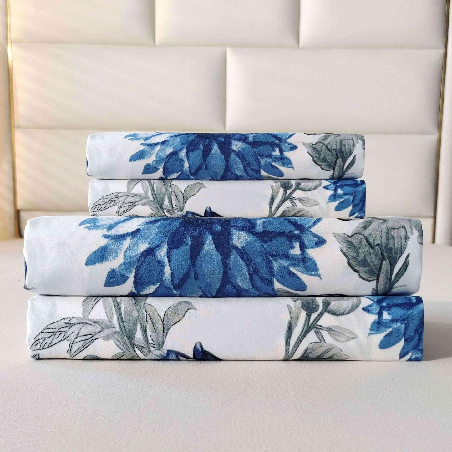 SDIII Blue Floral Full Fitted Sheet with 2 Pillowcases, Deep Pocket Soft Microfiber Full Size Bed Sheets Floral Blue All Season