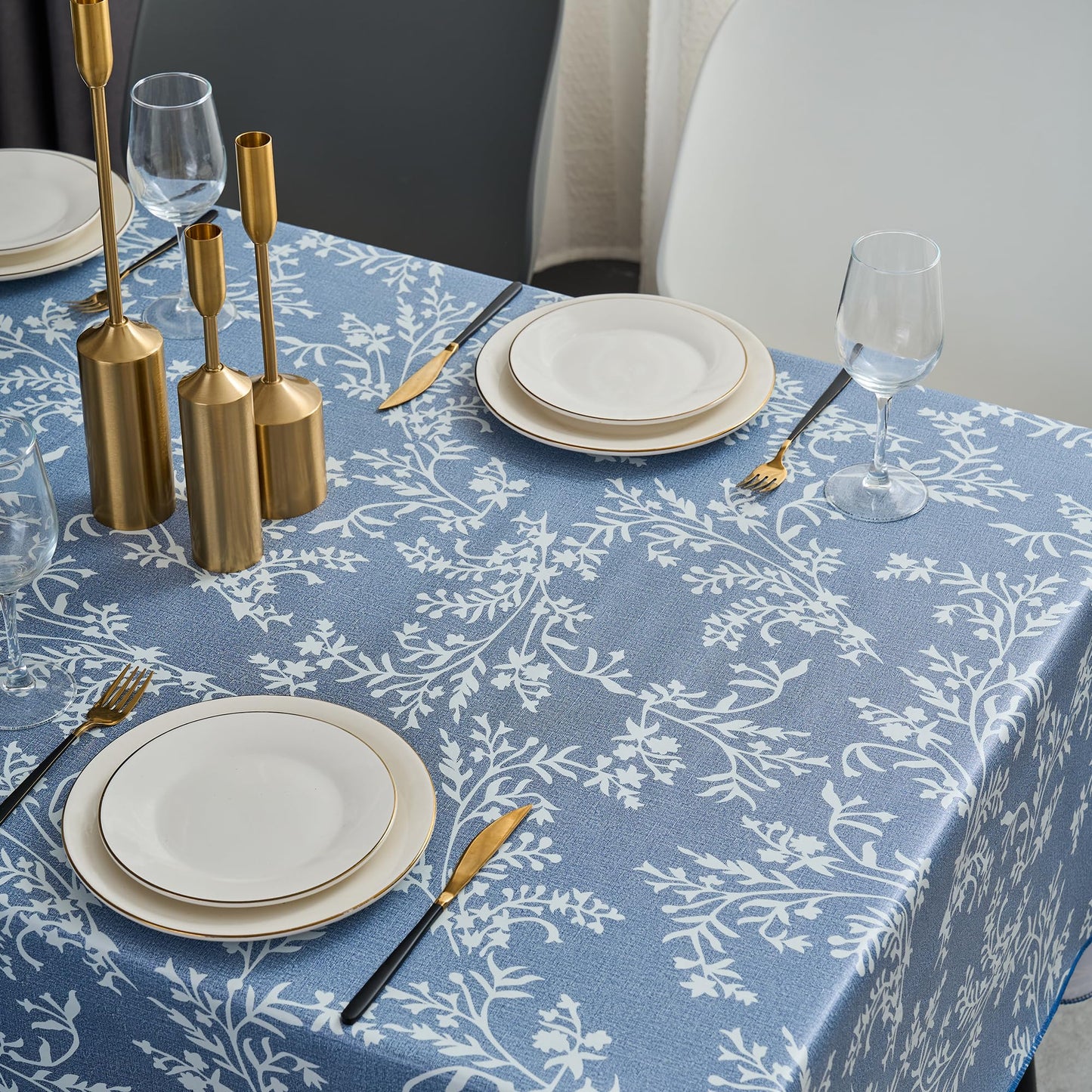 LIBERECOO Vinyl Tablecloth with Flannel Backing –Indigo Botanical Charm, Waterproof, Wipeable, Durable Table Cover – 4 Colors