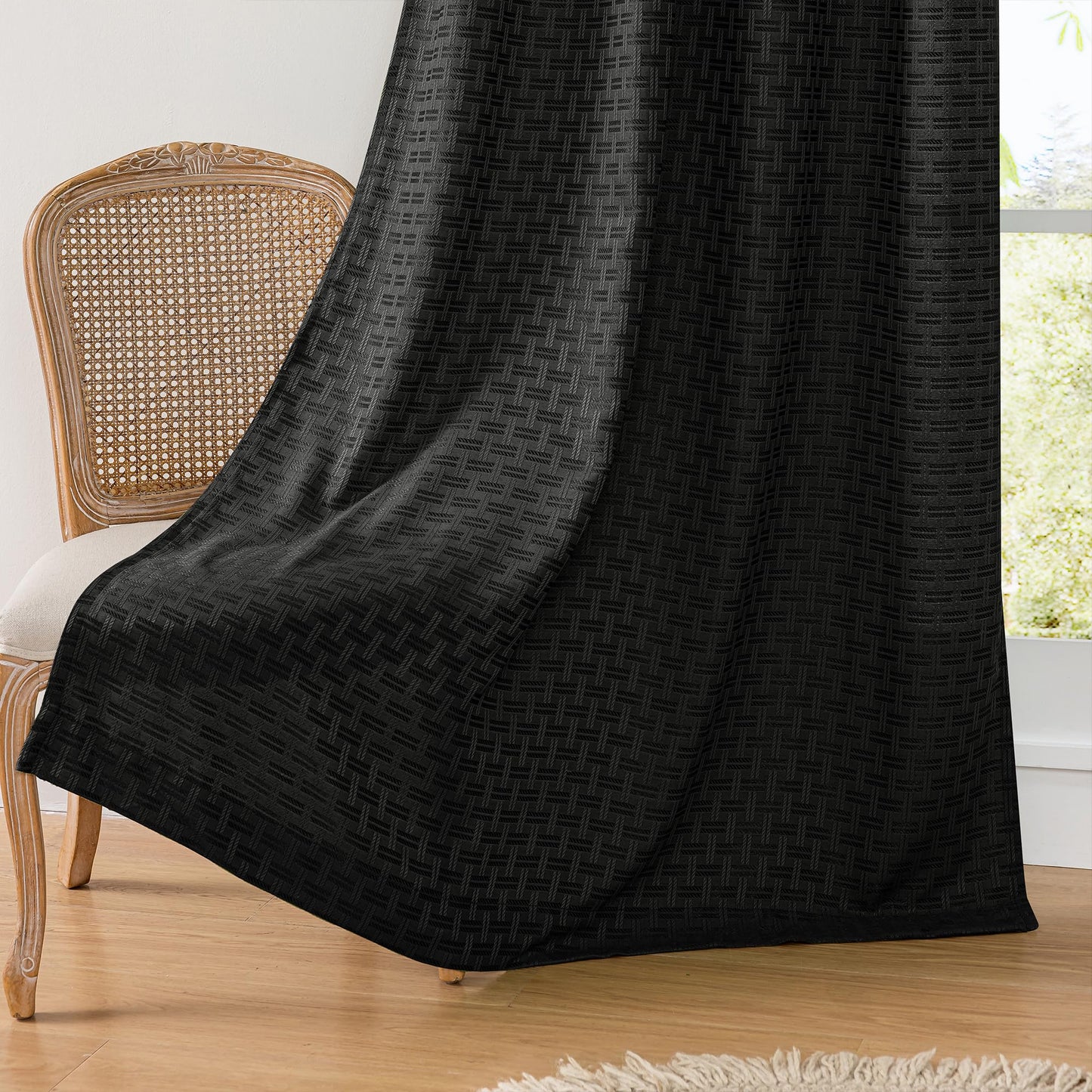 ChrisDowa Semi Sheer Linen Black Curtains 84 Inches Long 2 Panels for Living Room Dining Room Plaid Patterned Light Filtering Voile Grommet Window Treatments Drapes Privacy Assured,52X84