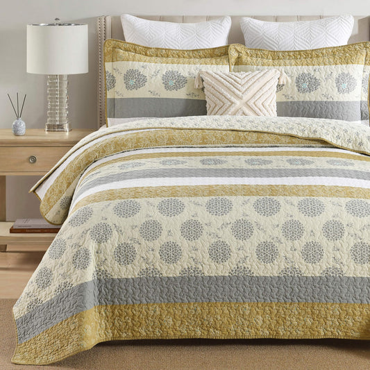 Homzard Quilt Queen Size - Queen Comforter Set,Mustard Yellow Beige Grey All Cotton Quilted Bedspread Set,Striped Floral Pattern Bedding,Lightweight Paisley 3 Piece,All Seasons