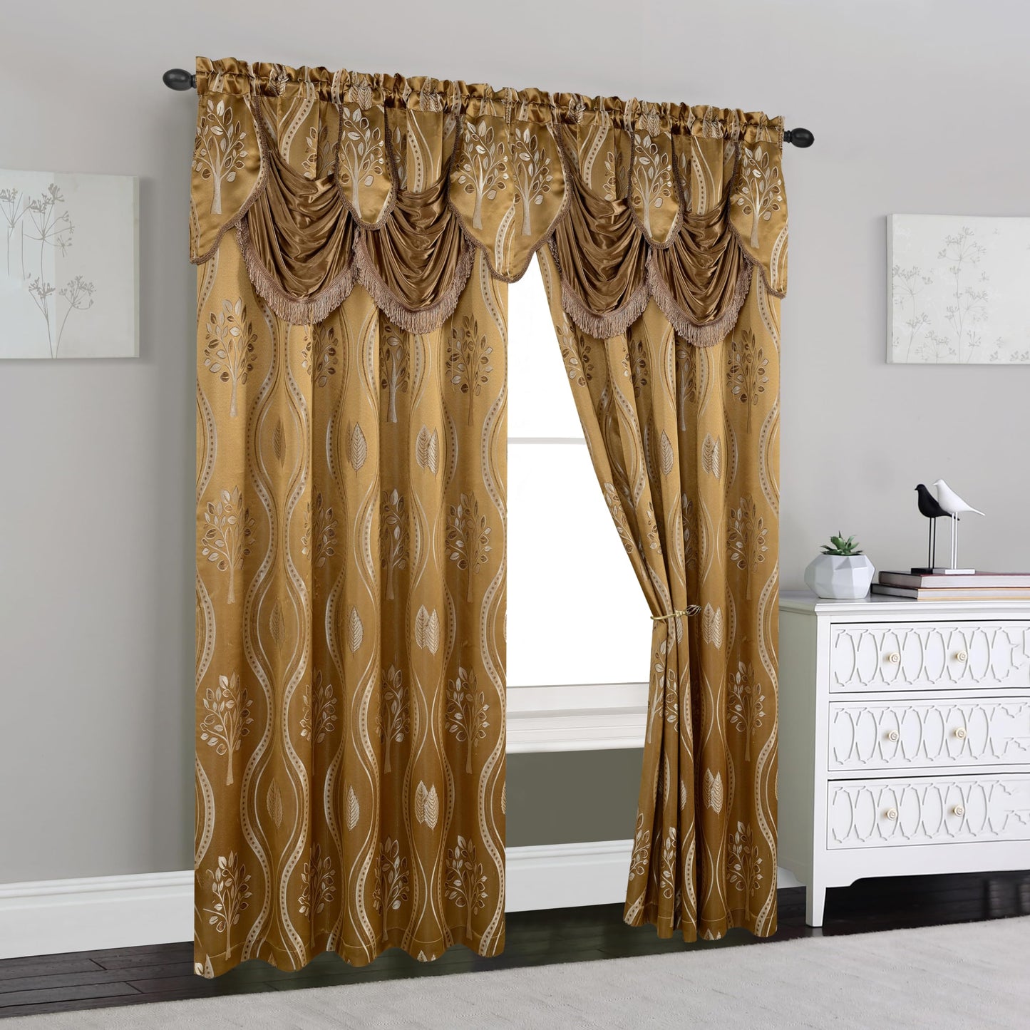 Elegant Comfort Aurora Jacquard Look Curtain Panel Set with Attached Valance 54" X 84 inch (Set of 2), Taupe
