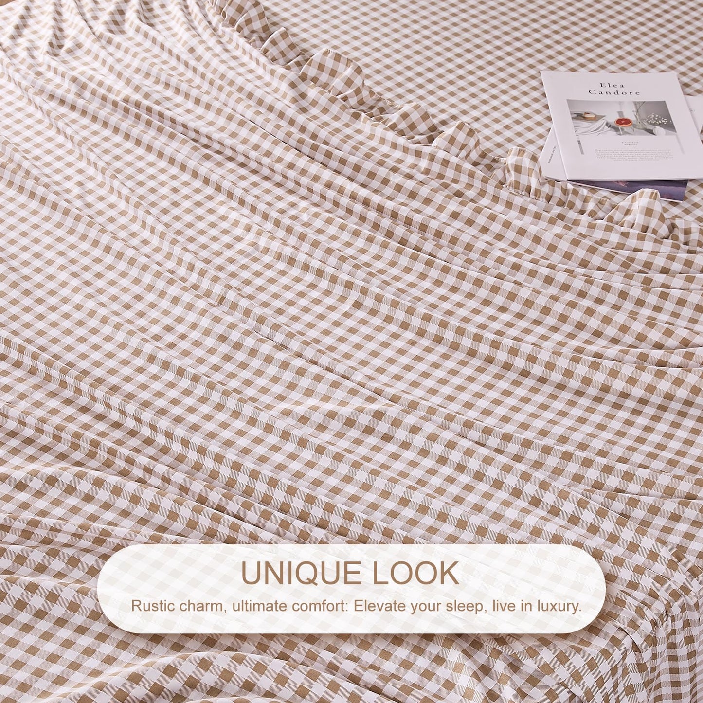 kisswish Gingham Full Sheet Set, Lightweight Super Soft Brushed Microfiber Plaid Bed Sheets with 16" Deep Pocket, 4 Piece Ruffle Farmhouse Bedroom Decor, Taupe