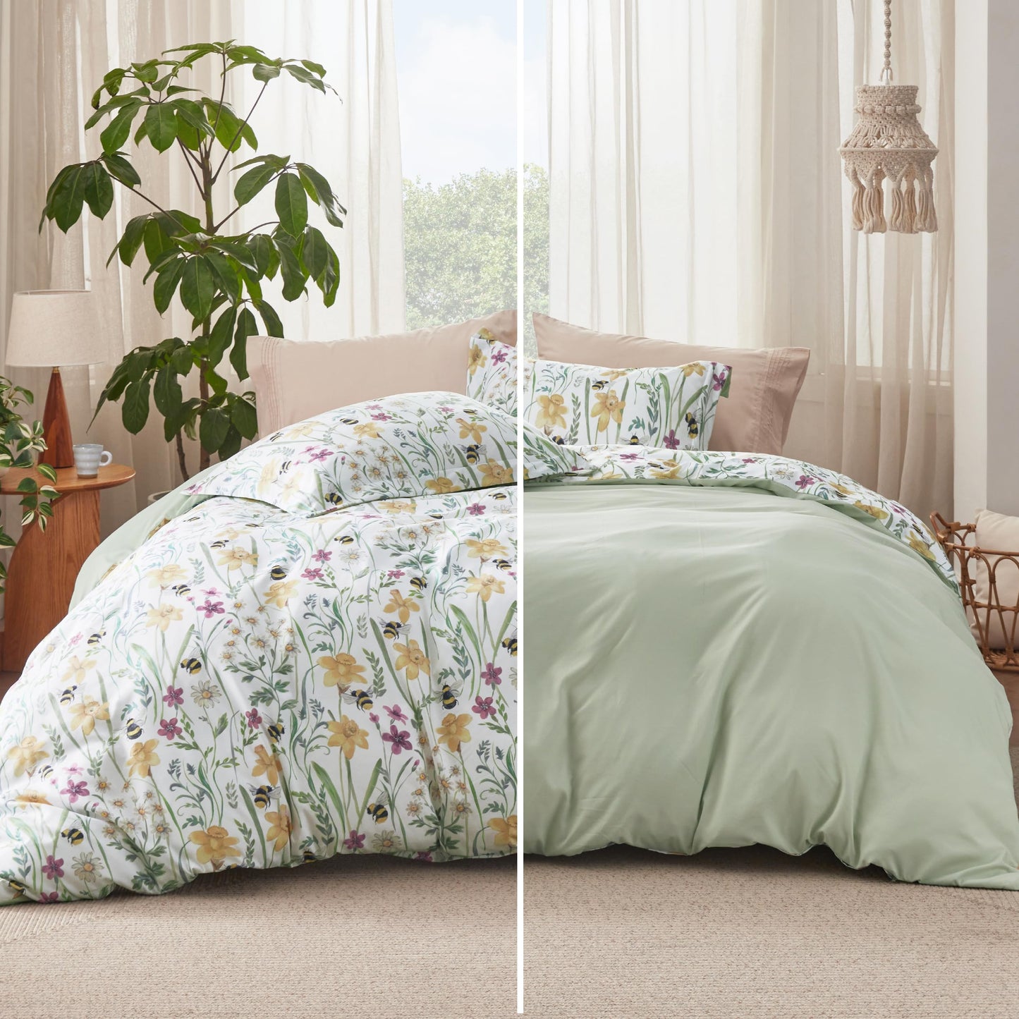 Bedsure Duvet Cover King Size - Reversible Floral Patterned Duvet Cover Set with Zipper Closure, 3 Pieces Green Bedding Set with 8 Corner Ties and 2 Pillow Shams 20"x36"