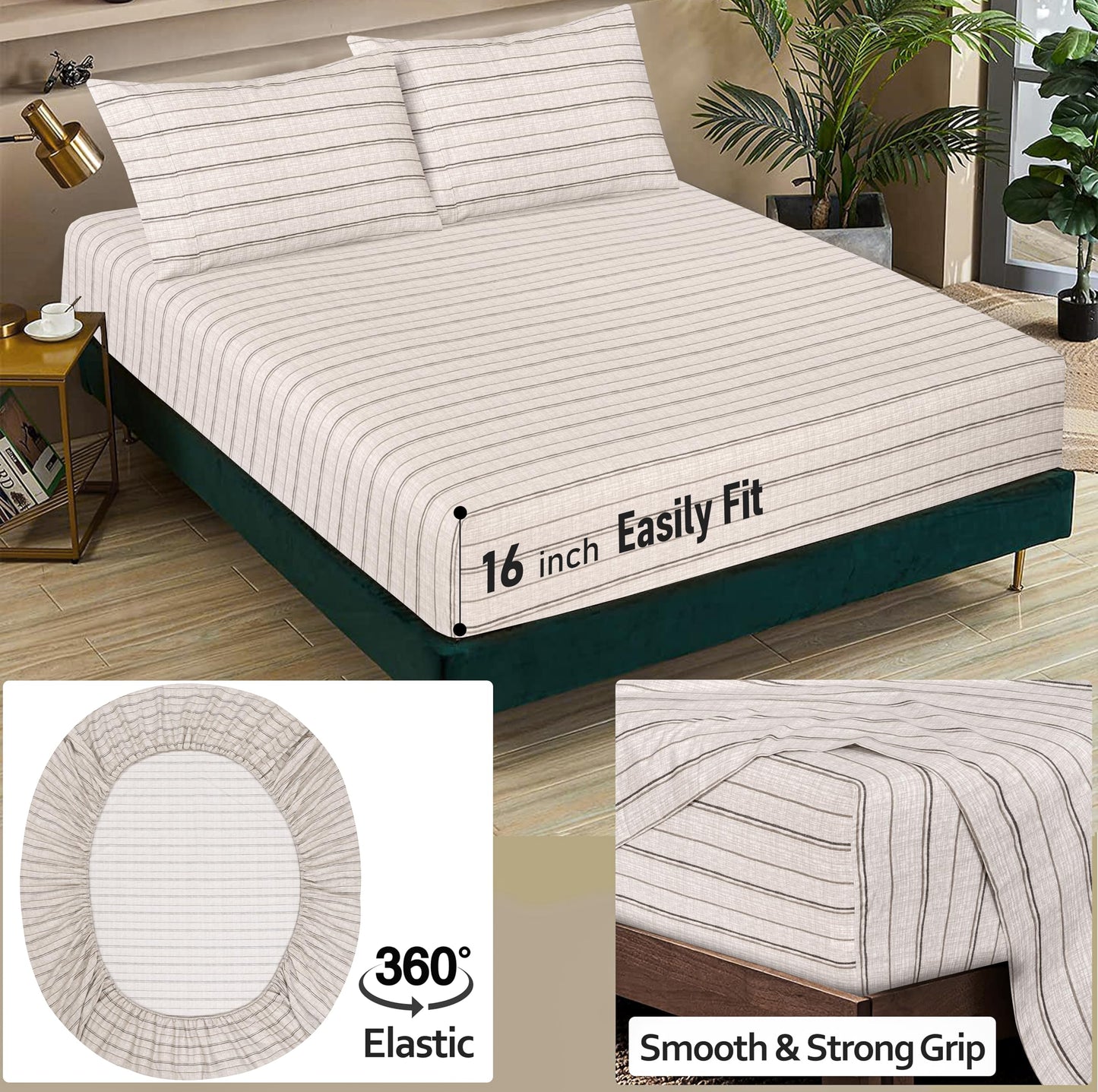 RUVANTI 100% Cotton Percale Sheets, Full Size, Brown Stripes
