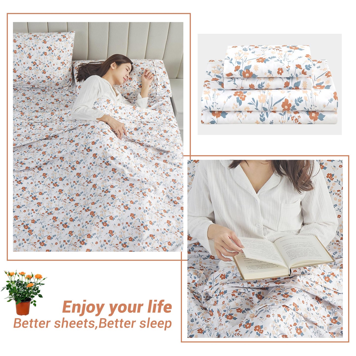 Softan Floral Twin Size Sheet Set, Orange Flower Printed Bed Sheets for Girls, 3-Piece Microfiber Single Fitted Sheet with 15" Deep Pocket & Non-Slip Straps, Patterned Bedding Sheets & Pillowcase Set