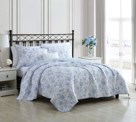 Laura Ashley - Twin Quilt Set, Soft Cotton Bedding with Matching Sham, Reversible Floral Toile Design, Floral Room Decor, Lightweight for Year-Round Layering (Walled Garden Blue)