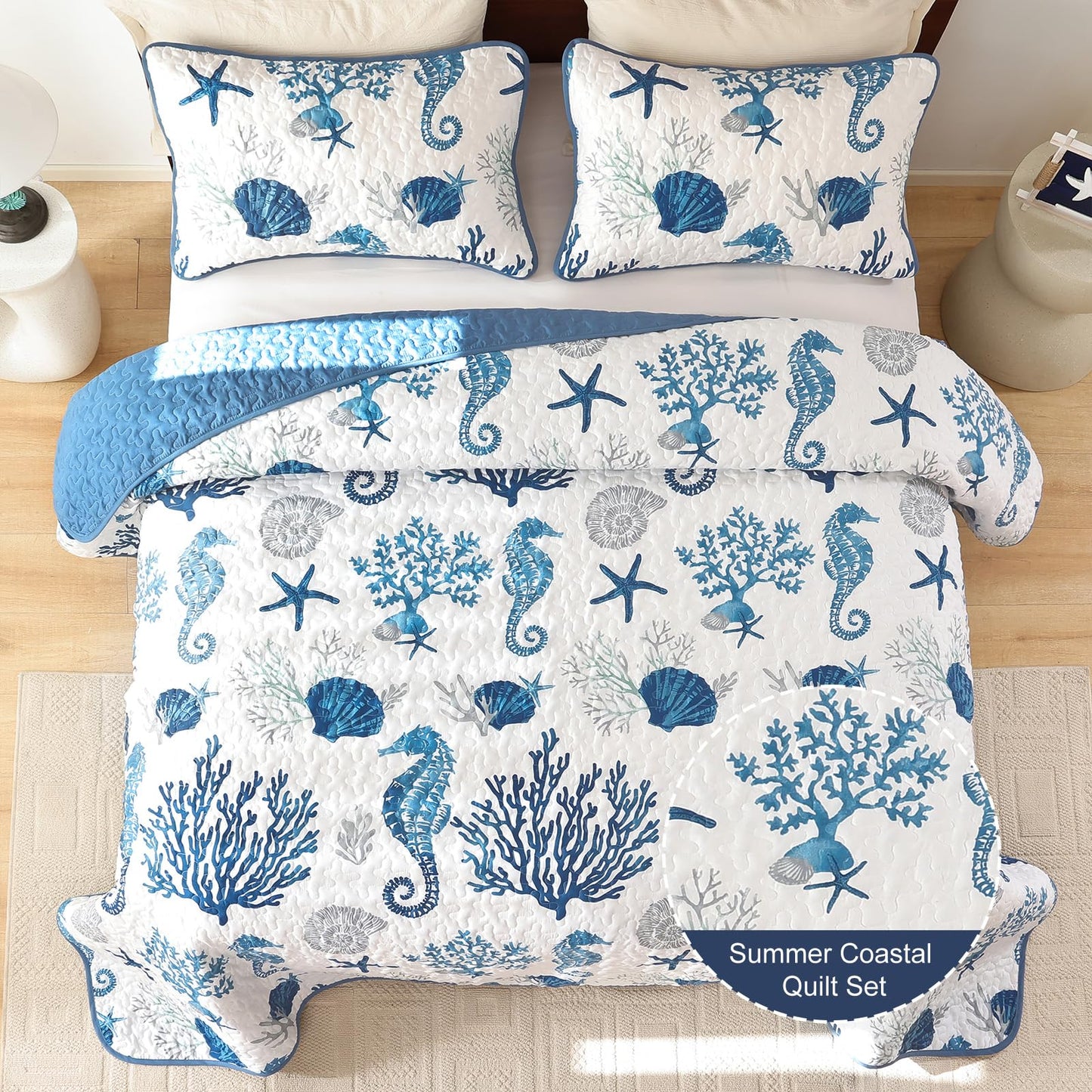 Djoymock Coastal King Size Quilt Set 3 Pcs, Summer Blue Beach Theme Quilts with Pillowcases Reversible Microfiber Ocean Bedding Set Nautical Bedspreads Coverlet Lightweight Comforter for All Season