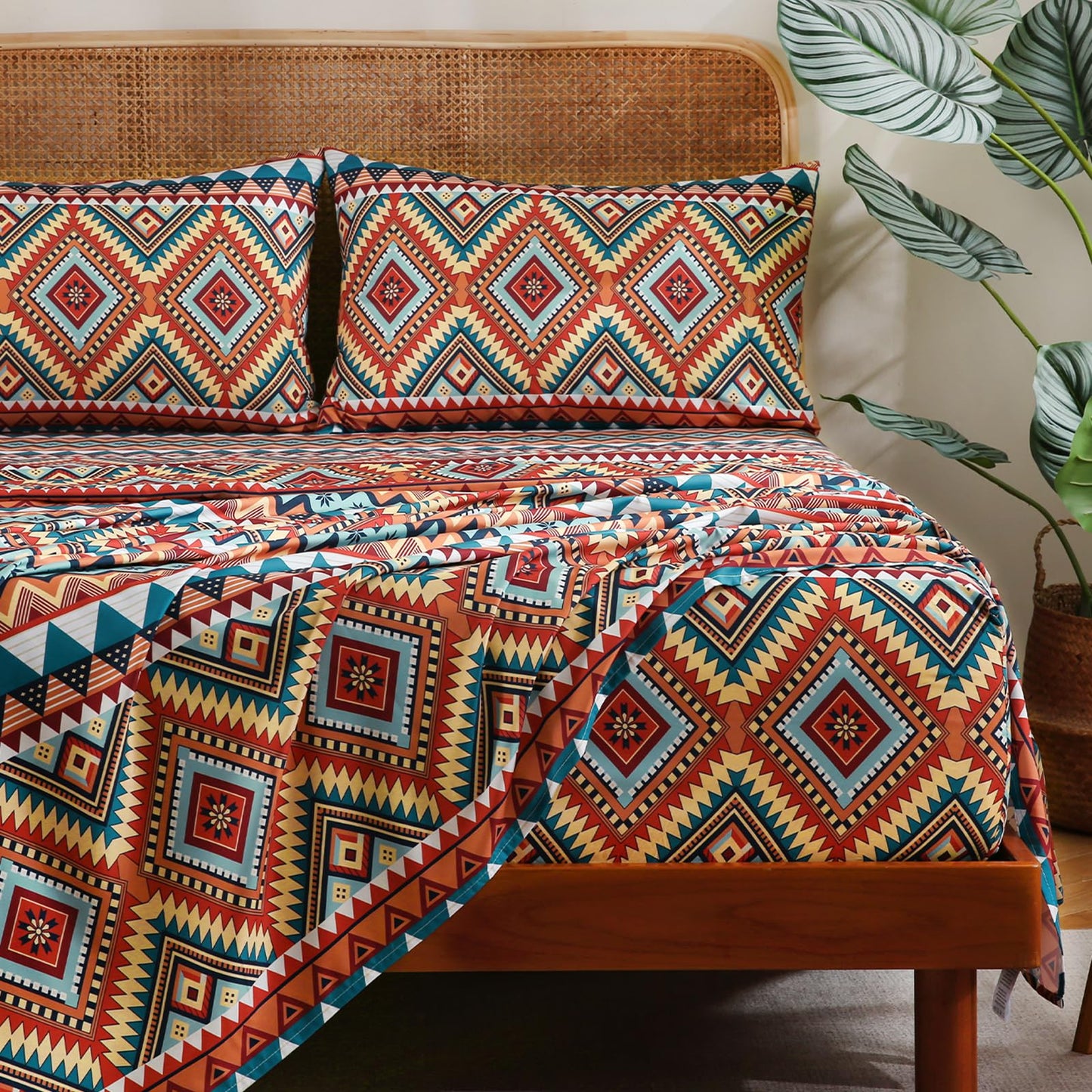 CozySmile 4 Pieces King Sheet Set Bohemian, Boho Sheets Soft Microfiber Deep Pocket, Western Sheets Geometric(King, Rust Turquoise Diamond)