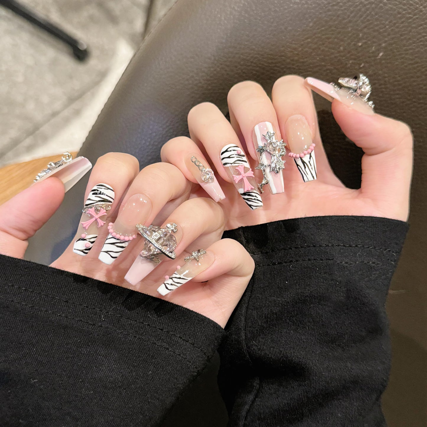 NLSJMP 3D handmade nails press on false nails,Thick Strong Waterprooft long square pink white, big heart rhinestone cross star cute acrylic fake nails designed kit,10 Nails Size L #95
