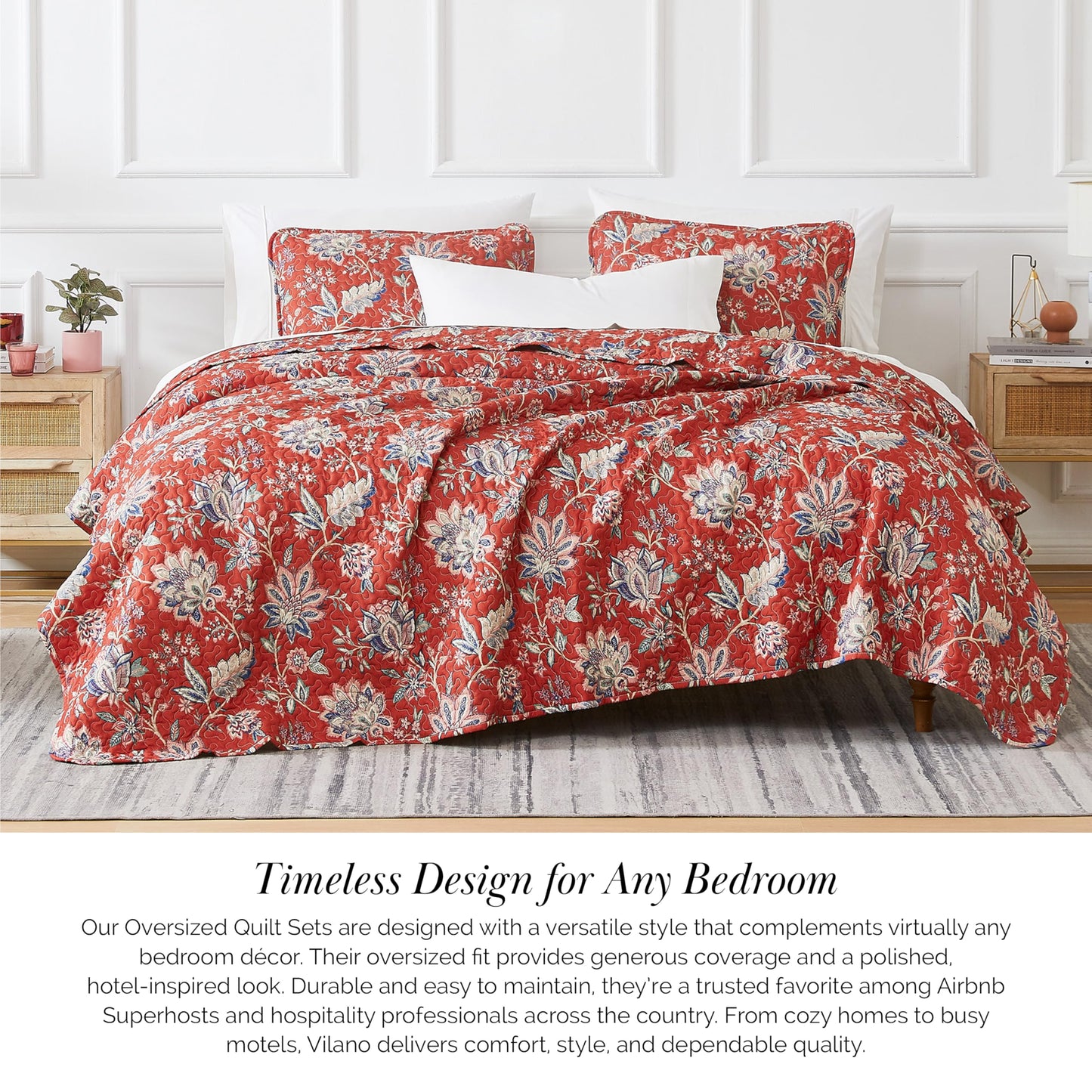 Southshore Fine Living, Inc. Oversized King Quilt Bedding Set, Jacobean Willow Floral Quilt Set with 2 Matching Pillow Shams, Lightweight California King Bed Spread, Soft Microfiber Fabric, Red