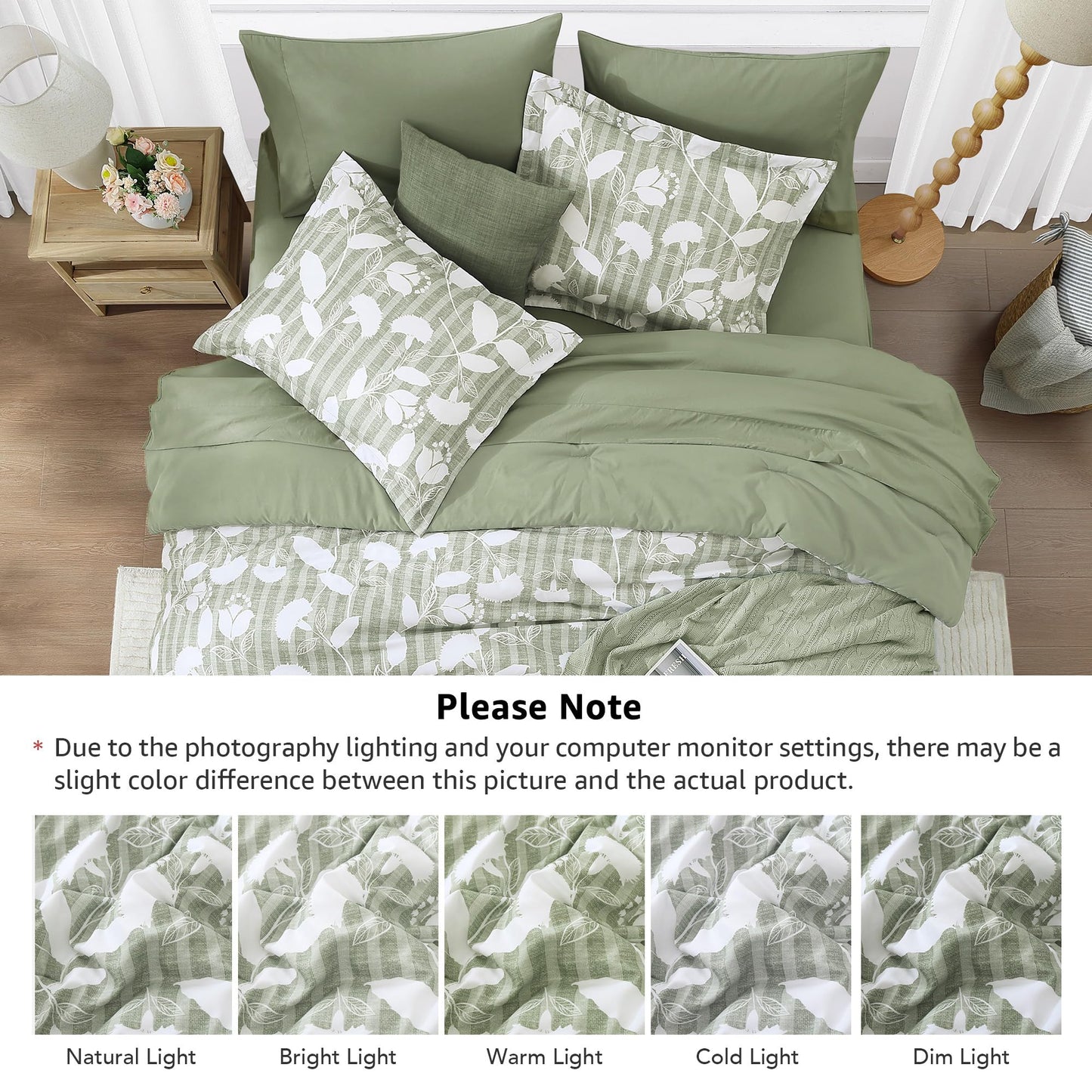 BLOOMHAVEN Queen Comforter Set -7 Pieces Sage Green Floral Comforter Set for All Seasons, Bed in a Bag Queen with Botanical Flowers Comforter, Sheets, Pillowcases & Shams