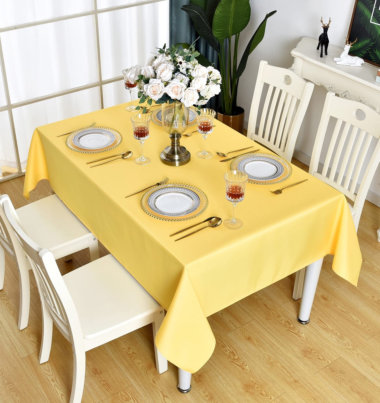 KAIPHO 2 Pack Yellow Rectangle Tablecloth Waterproof Stain Resistant Wrinkle Free Table Cloth 210GSM Polyester Wipeable Table Cover for Party, Banquet - Rectangular/Oblong, 60 x 84 inch (2 Pcs)