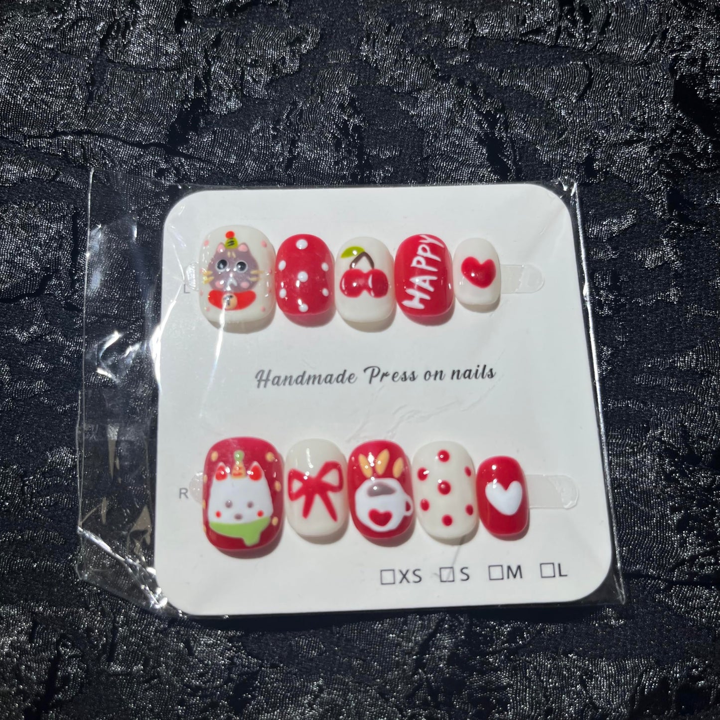 Short Press on Nails Handmade Nails 10Pcs Cute Style Manual Nail Art Red Cherry Fake Nails for Women Party Holiday Photo 2.5CM Size S