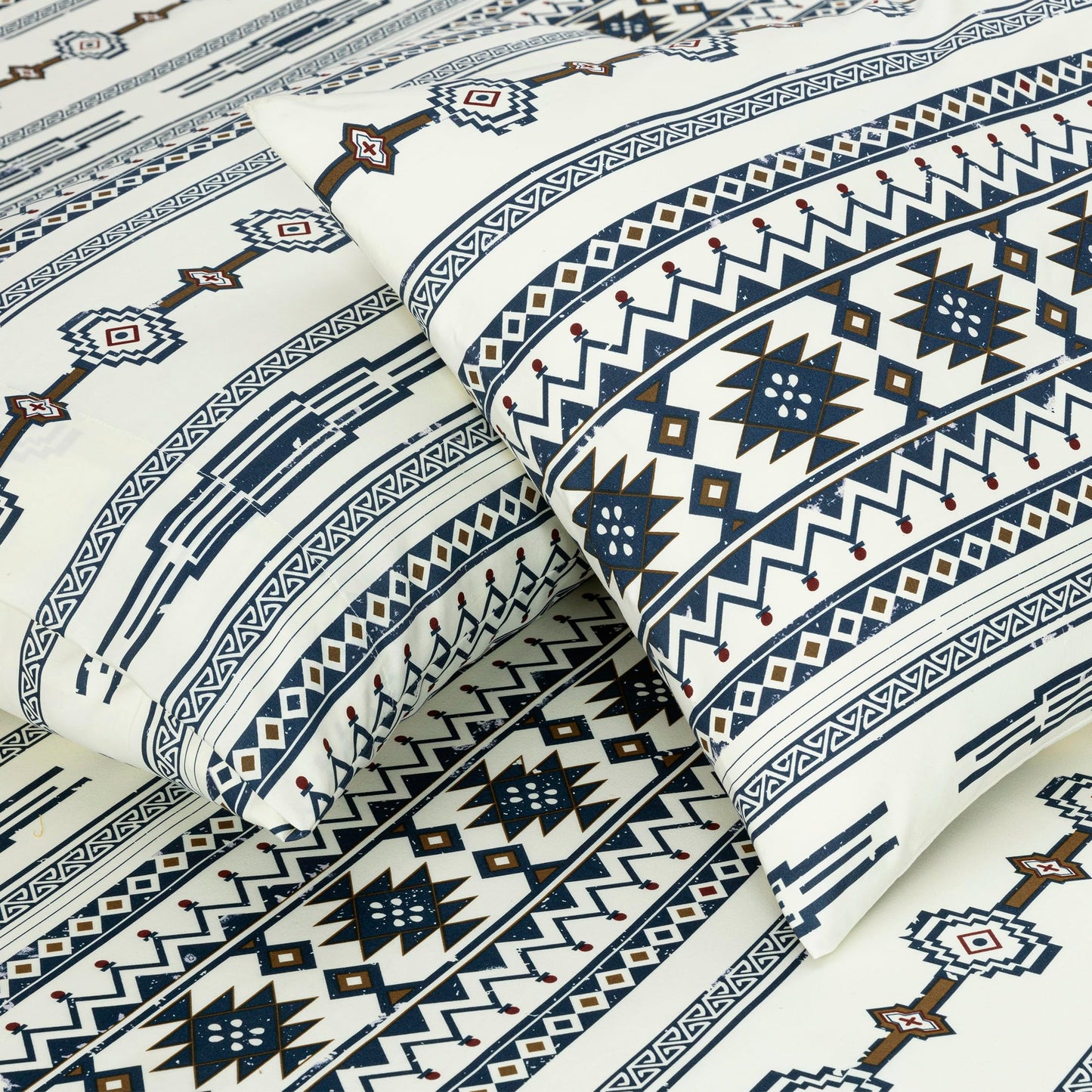 Chezmoi Collection 4-Piece Southwestern Tribal Lodge Bed Sheet Set, Queen Size - Ivory Navy Brown Red Printed Microfiber Soft Breathable Deep Pocket Sheets and Pillowcases Set