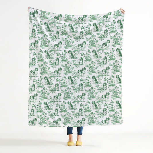 BUJSP Sage Green Chinoiserie Cavalier King Charles Spaniel Blanket, Springer Spaniel GOG Gifts,Green and White French Country Toile Dog Throw Blanket for Home Bedroom Couch Bed Decor, 50x60 Inches