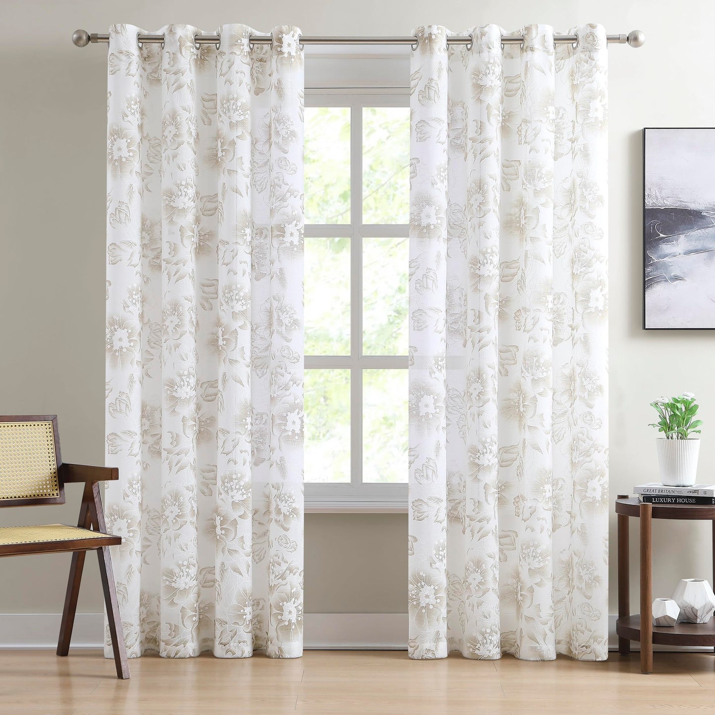Warm Home Designs Sheer Floral Curtains 84 Inches Long. 2 Brown Printed Embroidered, Textured Flower Pattern Curtains for French, Country or Floral Decor. FL Linen 84