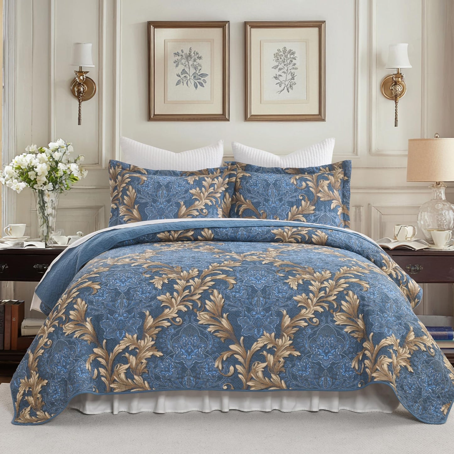 BCOTTOND King Size Quilt Set - Blue and Brown Quilt King, 100% Cotton Damask Bedspread Set 3 Piece, Classic Elegant Lightweight Comforter, Reversible Quilt Bedding Set for All Season