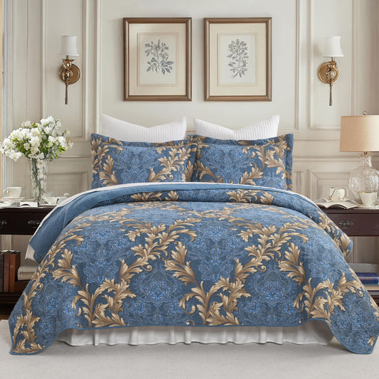 BCOTTOND King Size Quilt Set - Blue and Brown Quilt King, 100% Cotton Damask Bedspread Set 3 Piece, Classic Elegant Lightweight Comforter, Reversible Quilt Bedding Set for All Season