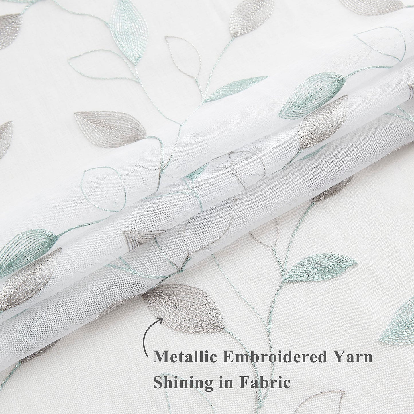Bujasso Embroidered Leaf Sheer Curtains Floral Farmhouse Light Filtering Window Panels Botanical Patterned Drapes for Living Room Bedroom Grommet Top, Gray Teal 38" Wx84 Lx2