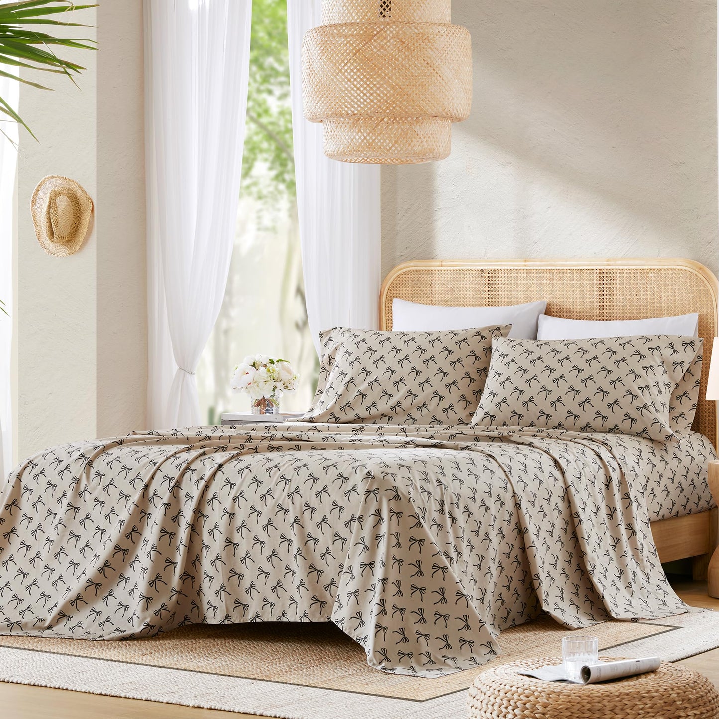 Comfort Spaces 100% Cotton Sheets Full, Breathable, Naturally Cool Cotton Sheets, Soft Cotton Bed Sheets with 14" Elastic Pocket Fits up to 16" Mattress, All Seasons Sheet Set, Bow Black/Taupe 4 Piece