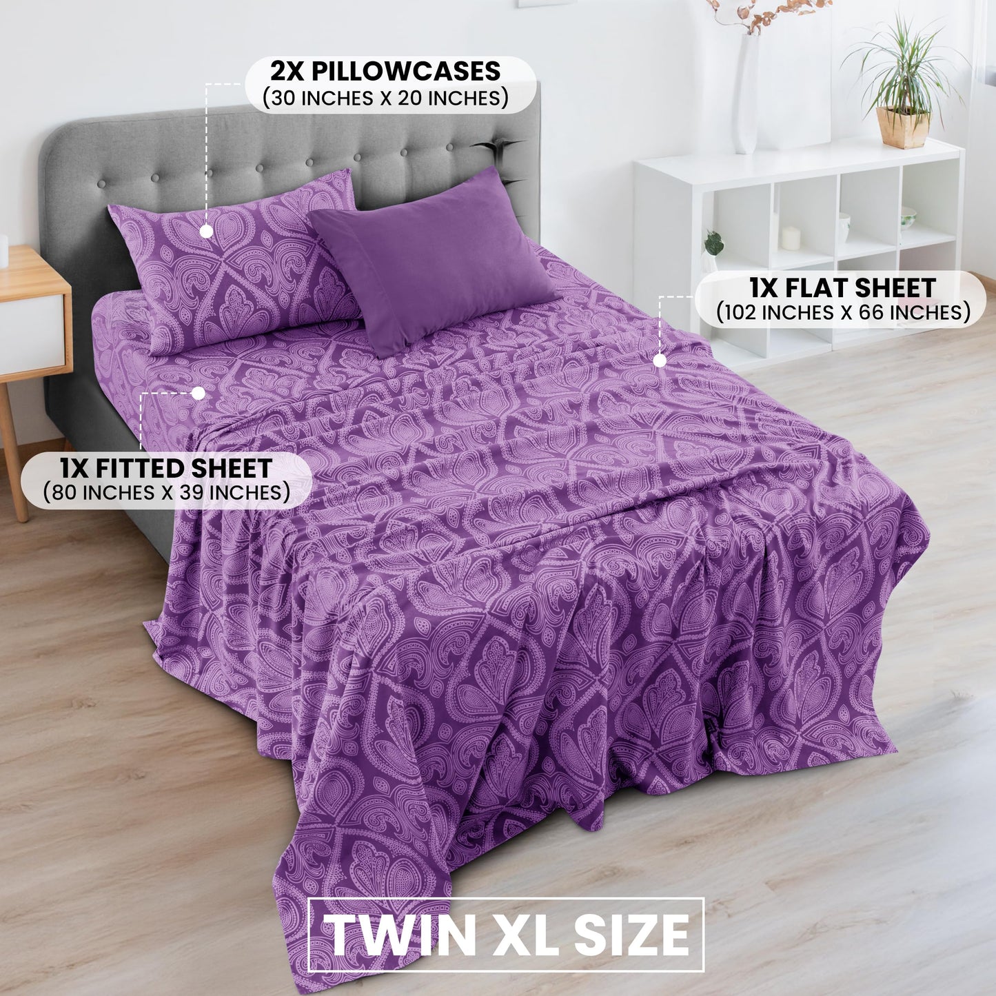 Ultra Soft Wrinkle-Free Microfiber Paisley Twin XL Sheet Set, Cute Floral Pattern Boho Print – 16" Deep Pocket Fitted Sheet, Flat Sheet & 2 Pillowcases, Breathable, OEKO-TEX - Purple