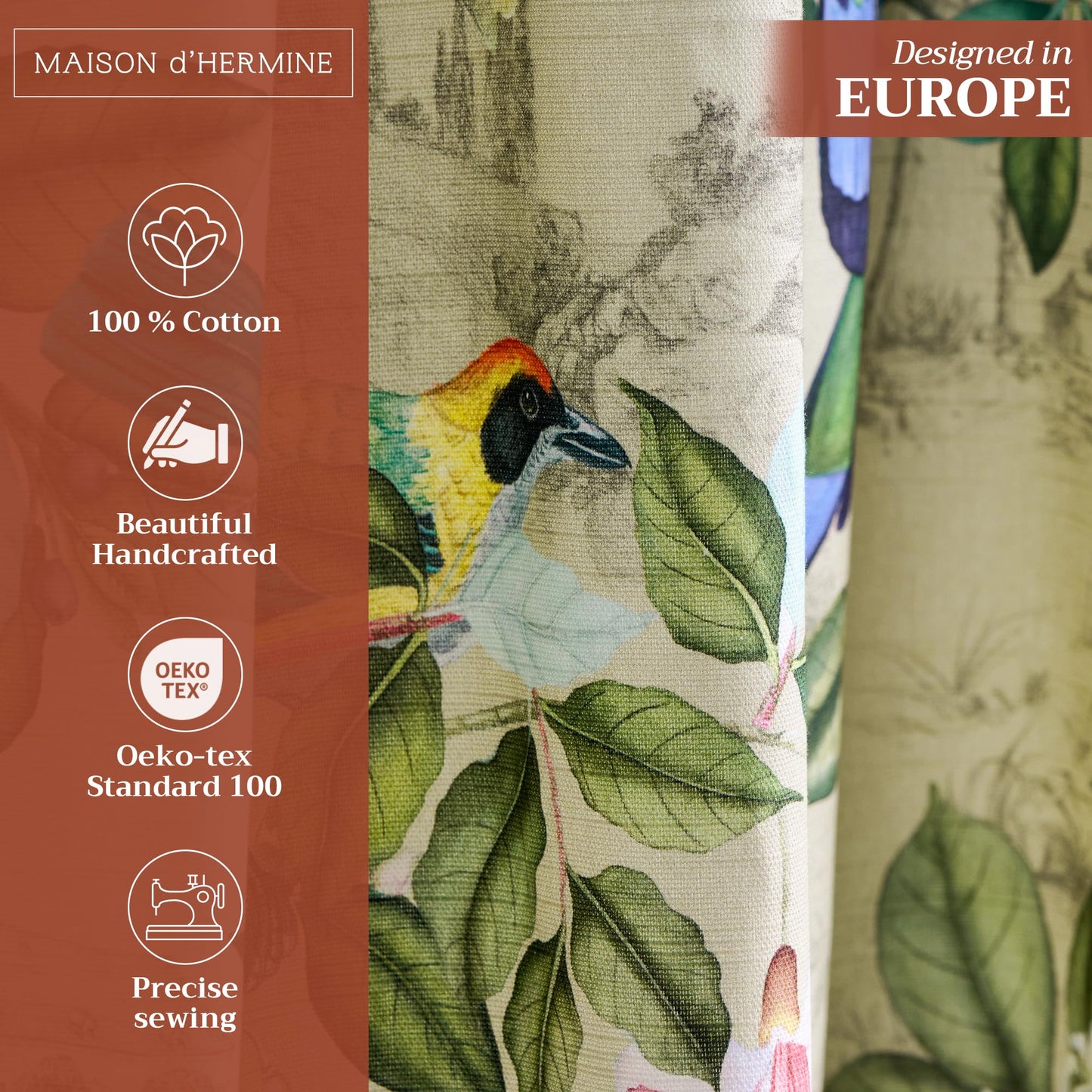 Maison d' Hermine Curtains for Living Room 100% Cotton 96 inch Length One Panel Light Filtering Curtains for Windows with Rod and Loop Pockets (Solstice - Garden Glade, 50" W x 96" L)