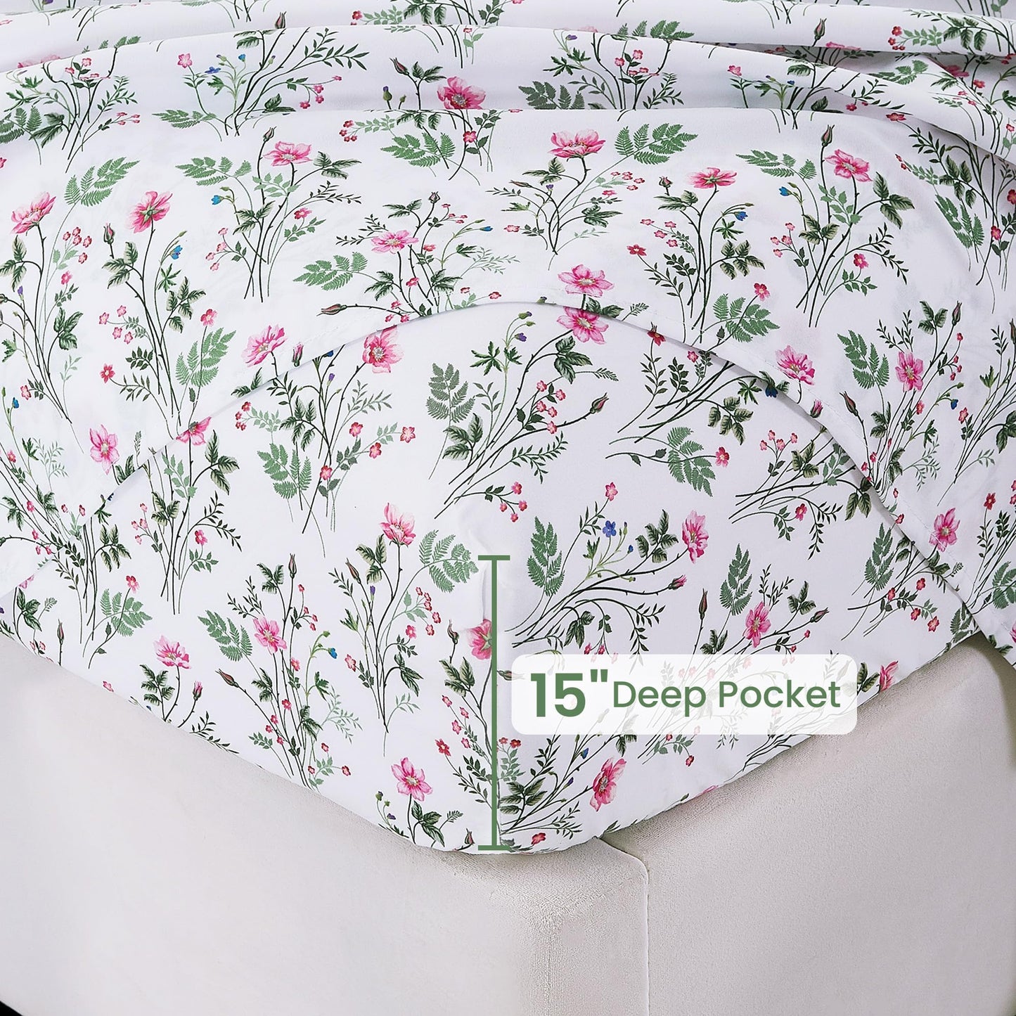 Softan Vintage Floral Full Bed Sheets, Cozy Microfiber Flower Printed Sheets with 15" Deep Pocket Fitted Sheet & Non-Slip Straps, Patterned Botanical Wildflower Sheets & Pillowcase Set