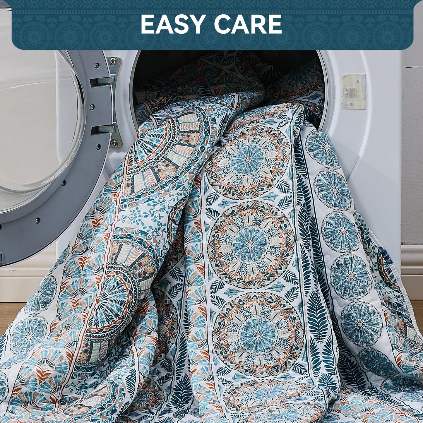 Qucover King Size Quilt Bedding Set, Teal Blue Striped Reversible Boho Quilt Sets, 3pc Lightweight Microfiber Oversized King Bedspread Coverlet for All Season, Bohemian Bedroom Decor
