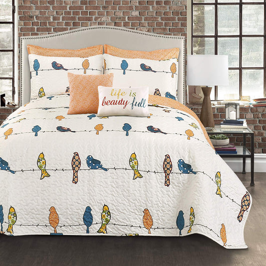 Lush Decor Rowley Birds Quilt Set, 7 Piece Set, King, Multi - Reversible Bird Bedding Set With Pillow Cases & Throw Pillows - Colorful, Whimsical, & Playful Floral Bird Print